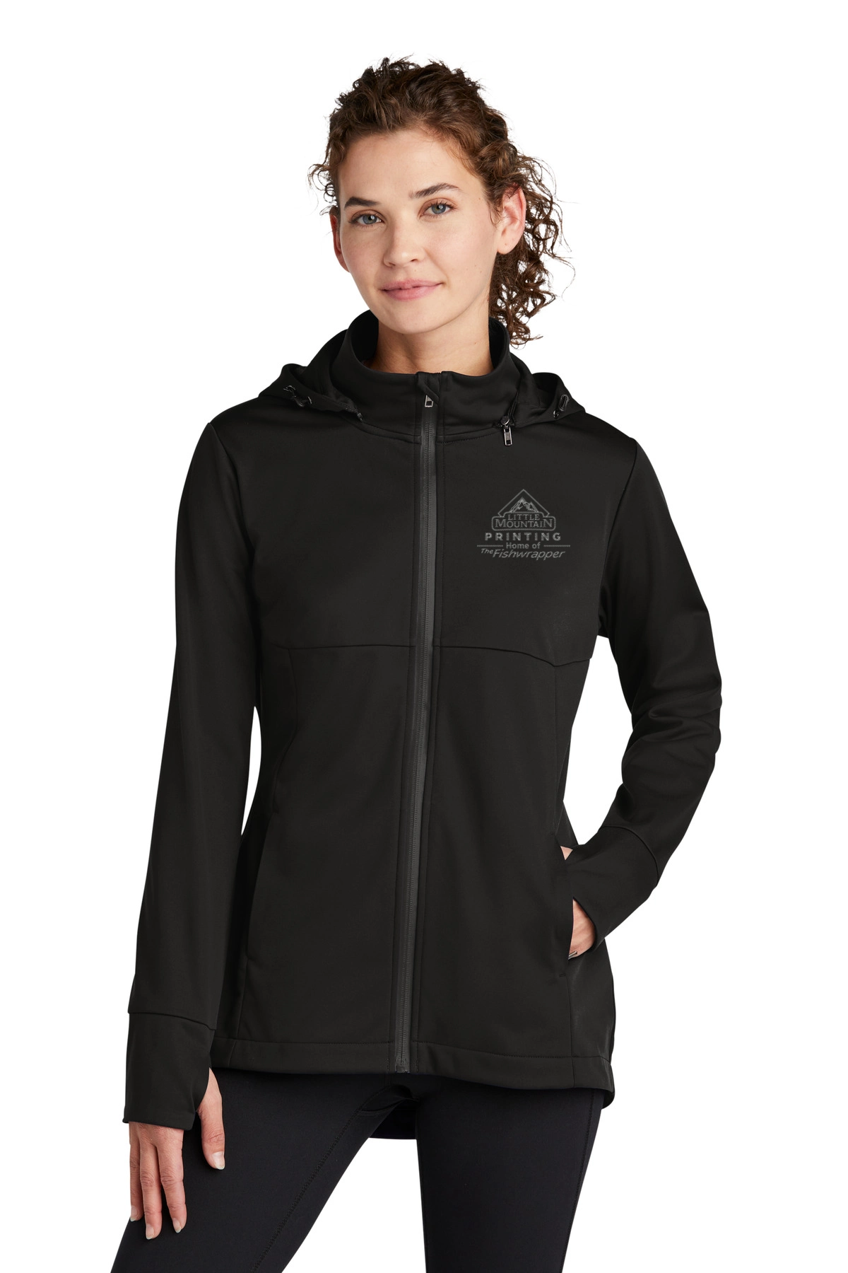 Variant Image for LST980  - Sport-Tek® Women's Hooded Soft Shell Jacket - LMP - 1 Color - Two Tone - Website Little Mountain Printing